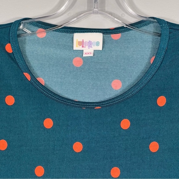LuLaRoe Irma Stretch Tee Size XXS Dark Teal Green Orange Polka Dots Oversize Top - Picture 2 of 7
